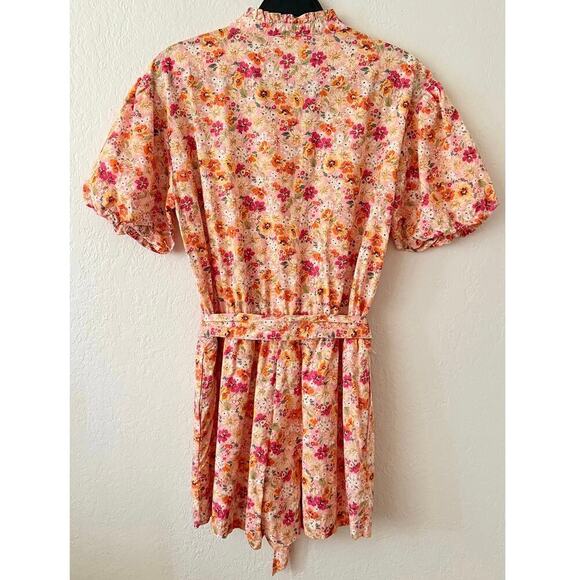 Fate Women's Floral Button Front Romper Elastic Waist Puff Sleeve Tie Belt NWT M - Picture 3 of 13